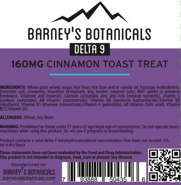 Barney's Botanicals Delta 9 THC cereal bar Cinnamon Toast