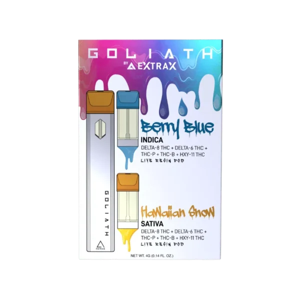 Delta Extrax goliath vape pods and disposable vape pen, berry blue and hawaiian snow with HXY 11