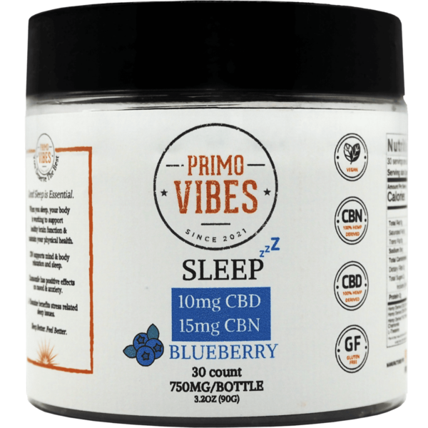 Primo Vibes sleep gummies with CBD and CBN in blueberry flavor